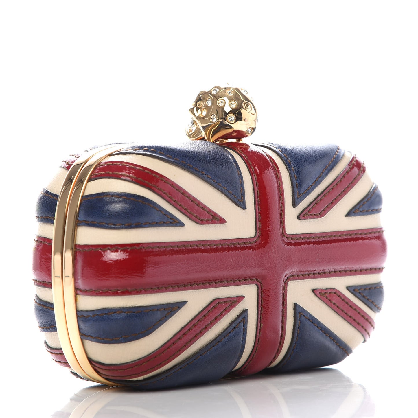Patent Calfskin Britannia Skull Box Clutch Red Blue