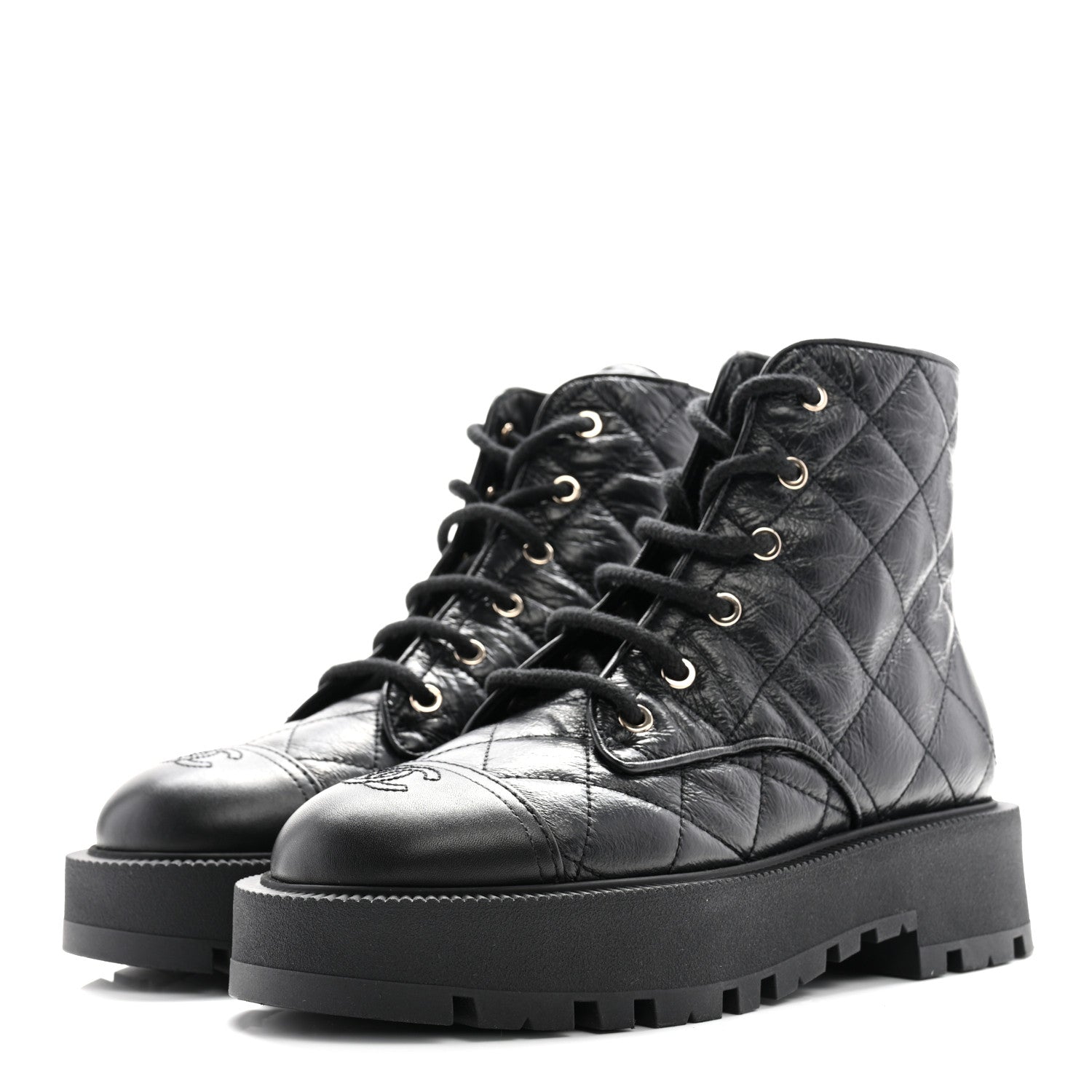 Chanel Crumpled Lambskin Quilted Platform Lace Up Combat Boots 39 Black 4 of 10