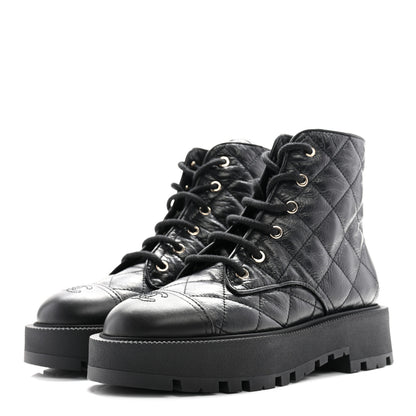 Chanel Crumpled Lambskin Quilted Platform Lace Up Combat Boots 39 Black 4 of 10