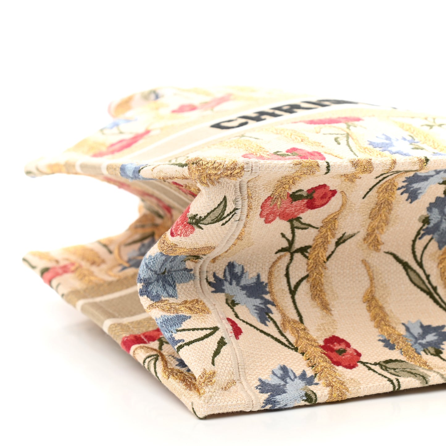 Canvas Embroidered Medium Hibiscus Book Tote Beige Multicolor