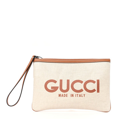 Gucci Canvas Calfskin Logo Print Zip Wristlet Pouch Beige Brown 1 of 8