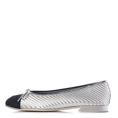 Chanel Metallic PVC Grosgrain Cap Toe Ballerina Flats 37 Silver Black 1 of 11
