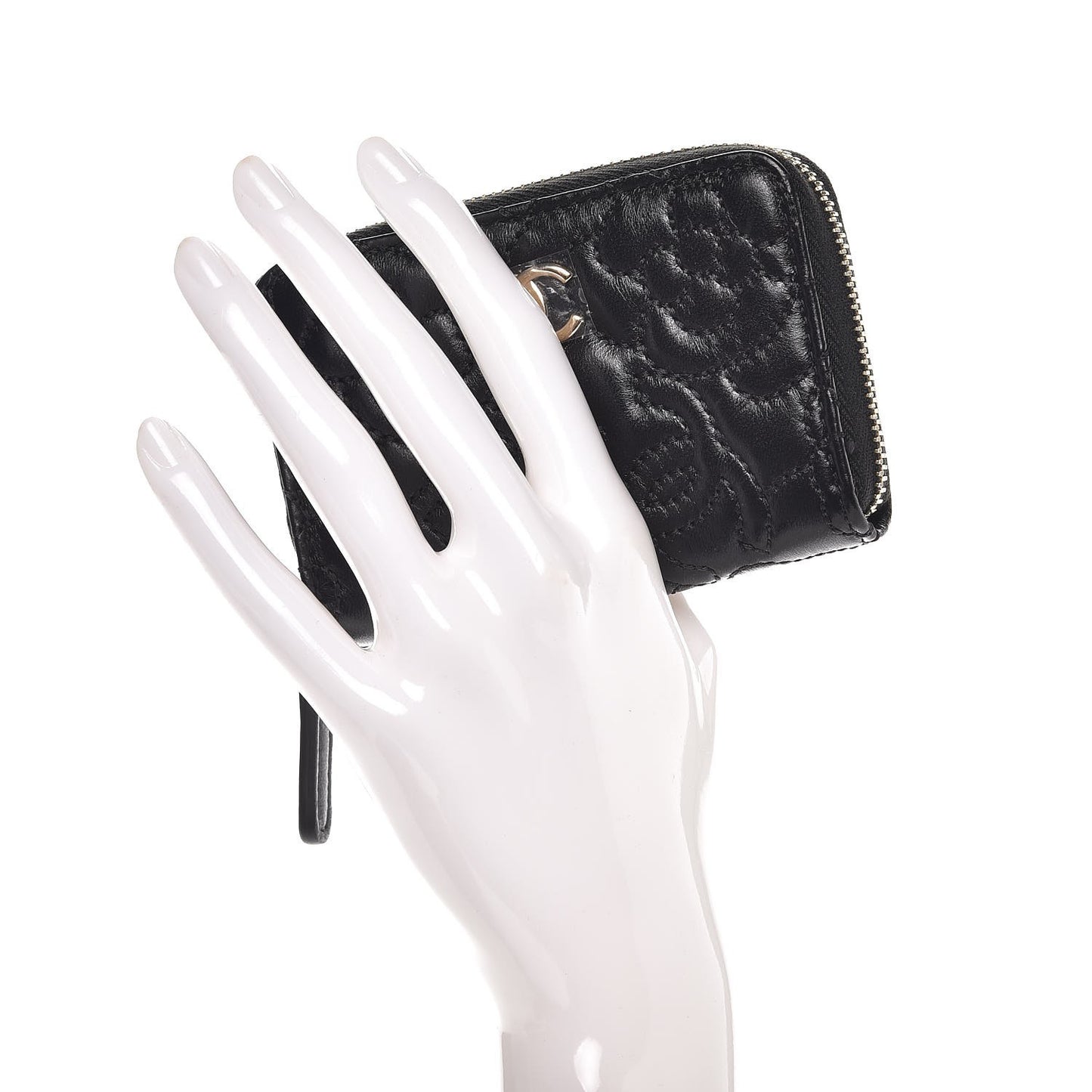 Lambskin Camellia Embossed Zip Coin Purse Black