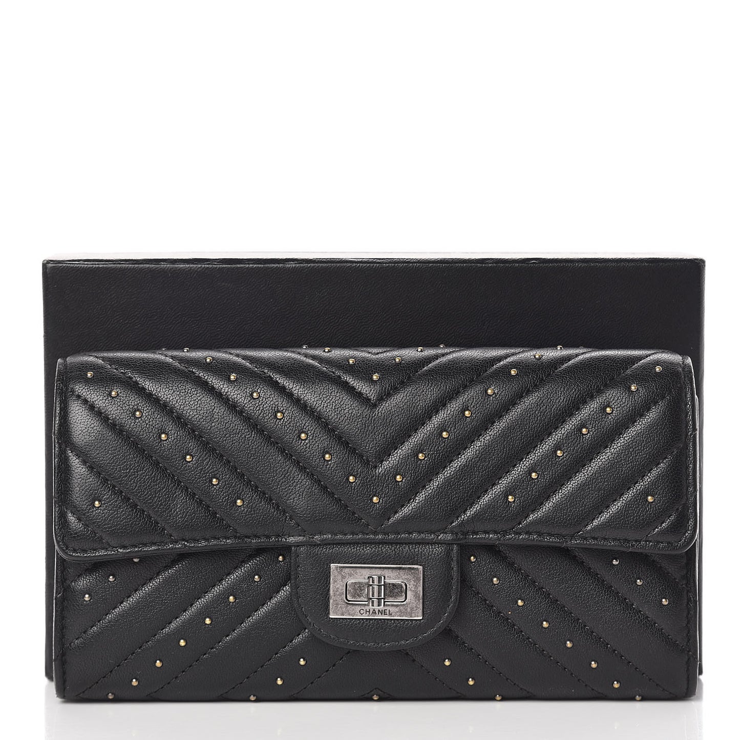 Sheepskin Chevron Quilted Studded Reissue Flap Wallet Black