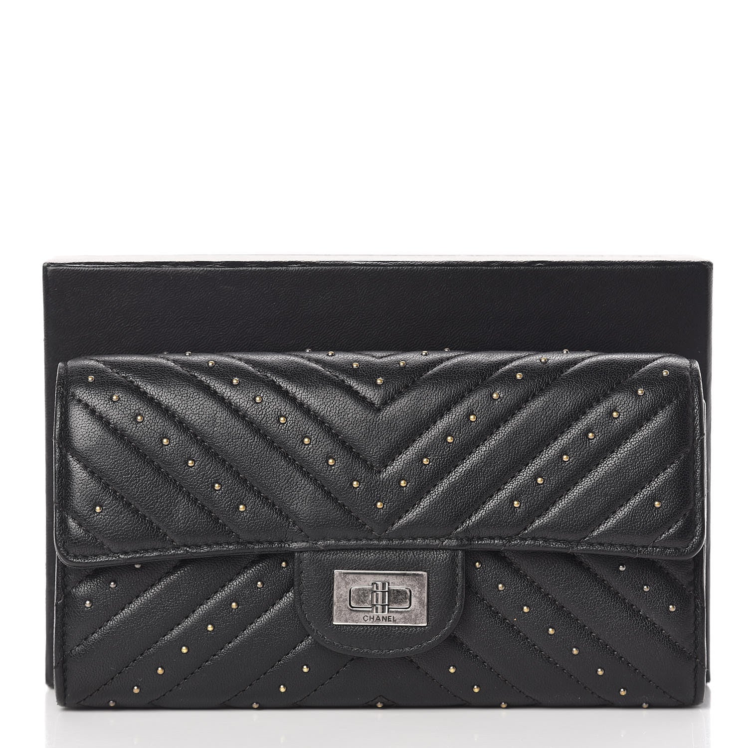Chanel Sheepskin Chevron Quilted Studded Reissue Flap Wallet Black 9 of 9