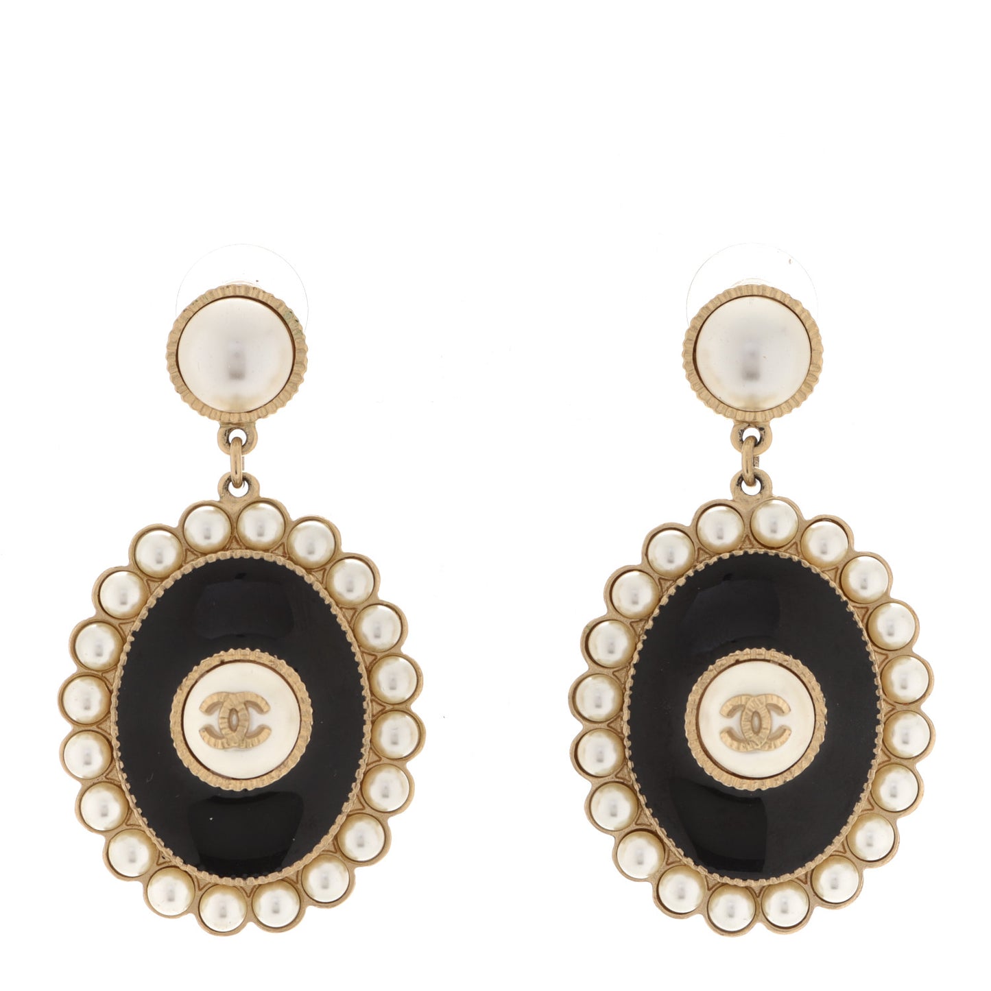 Pearl Enamel CC Oval Drop Earrings Gold Black