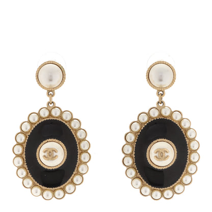 Chanel Pearl Enamel CC Oval Drop Earrings Gold Black 1 of 5