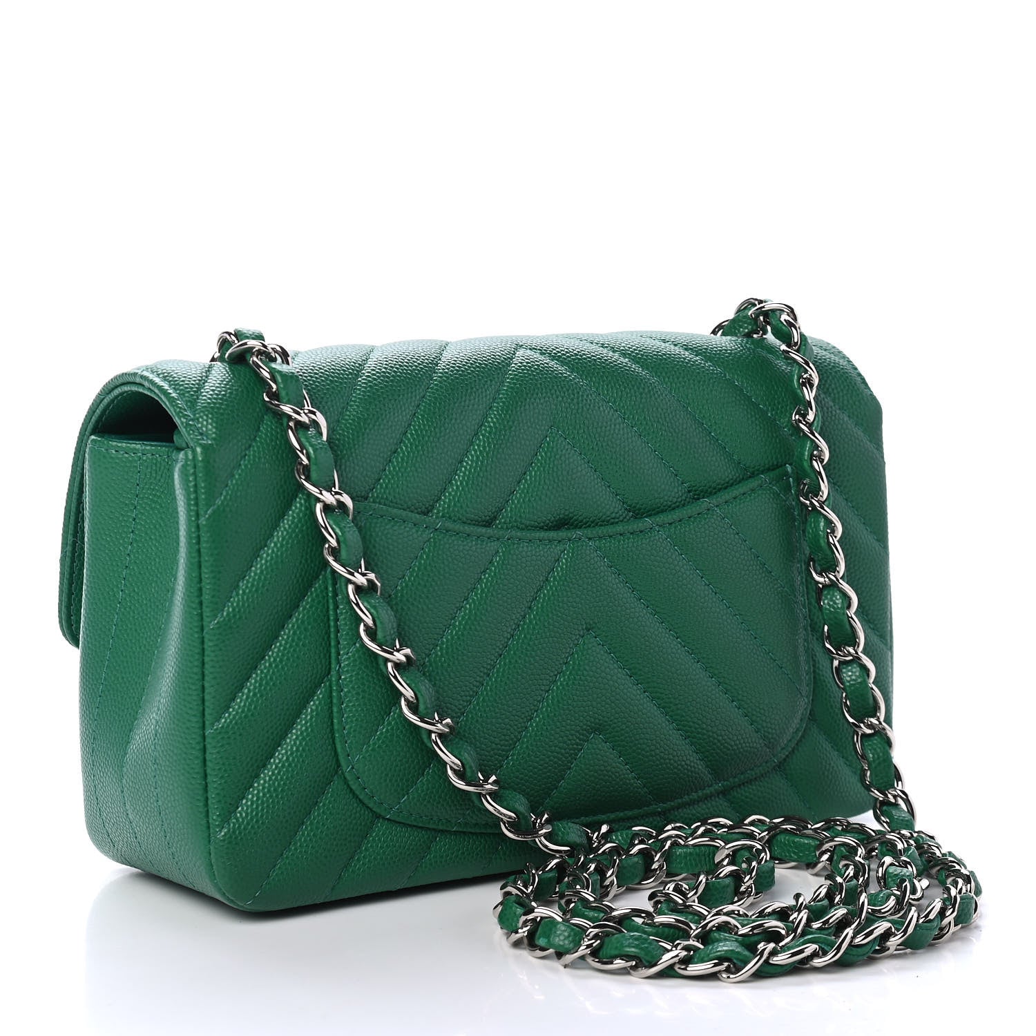 Chanel Caviar Chevron Quilted Mini Rectangular Flap Dark Green 3 of 4