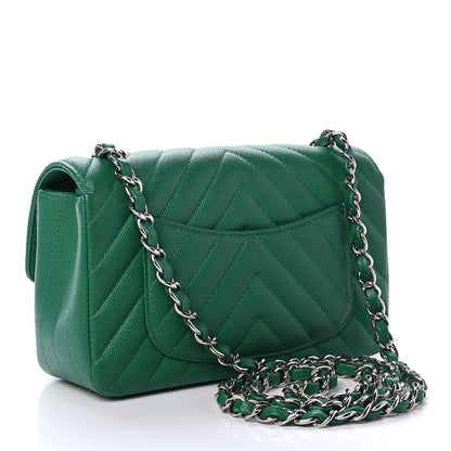 Chanel Caviar Chevron Quilted Mini Rectangular Flap Dark Green 3 of 4