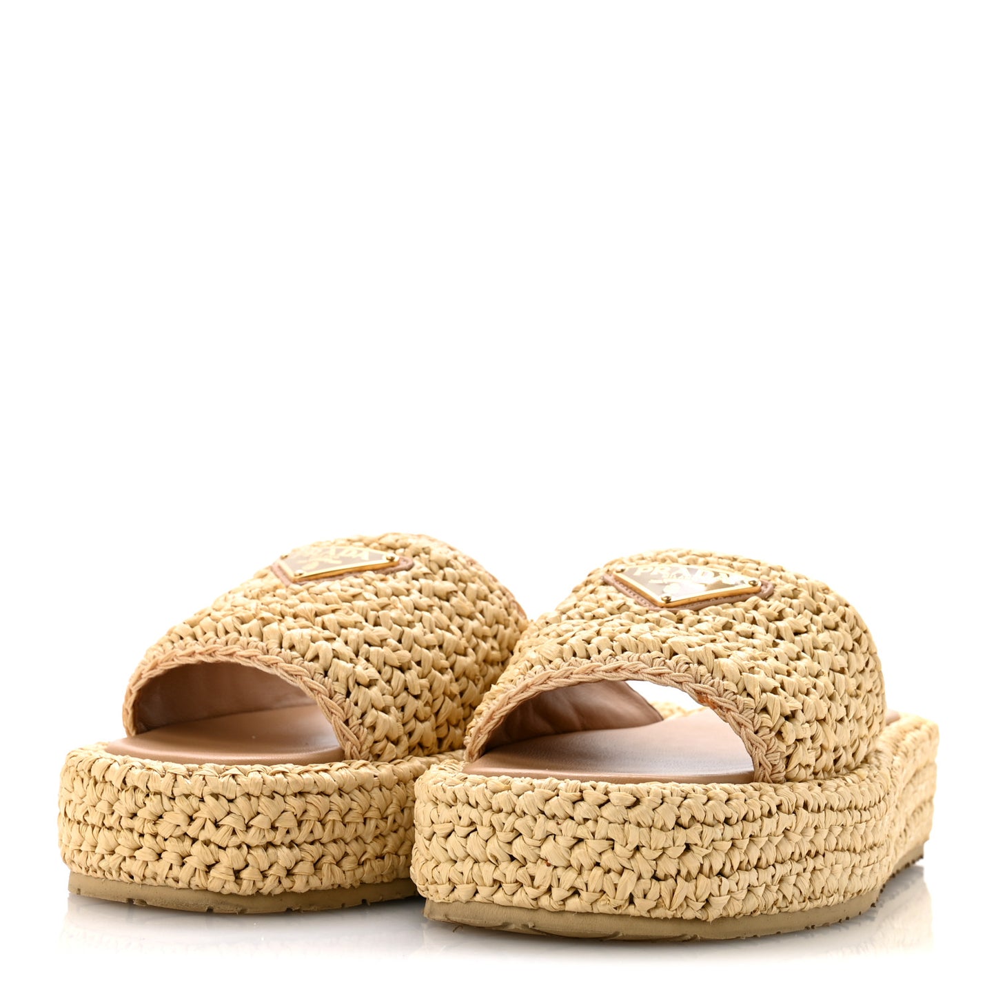 Raffia Metal Triangle Logo Woven Flatform 35mm Slide Sandals 36 Naturale