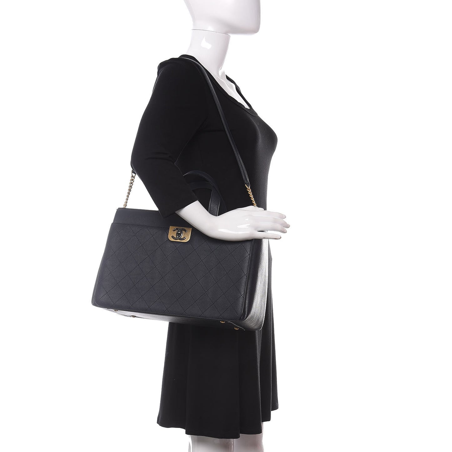 Calfskin Stitched Large Straight Lines Shopping Tote Navy