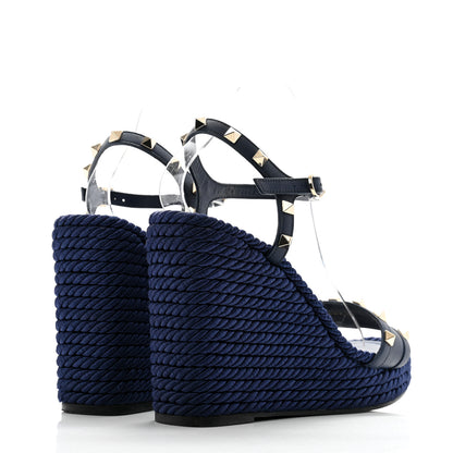 Valentino Garavani Calfskin Rockstud Torchon Espadrille 25/115mm Wedge Sandals 39 Pure Blue 4 of 12