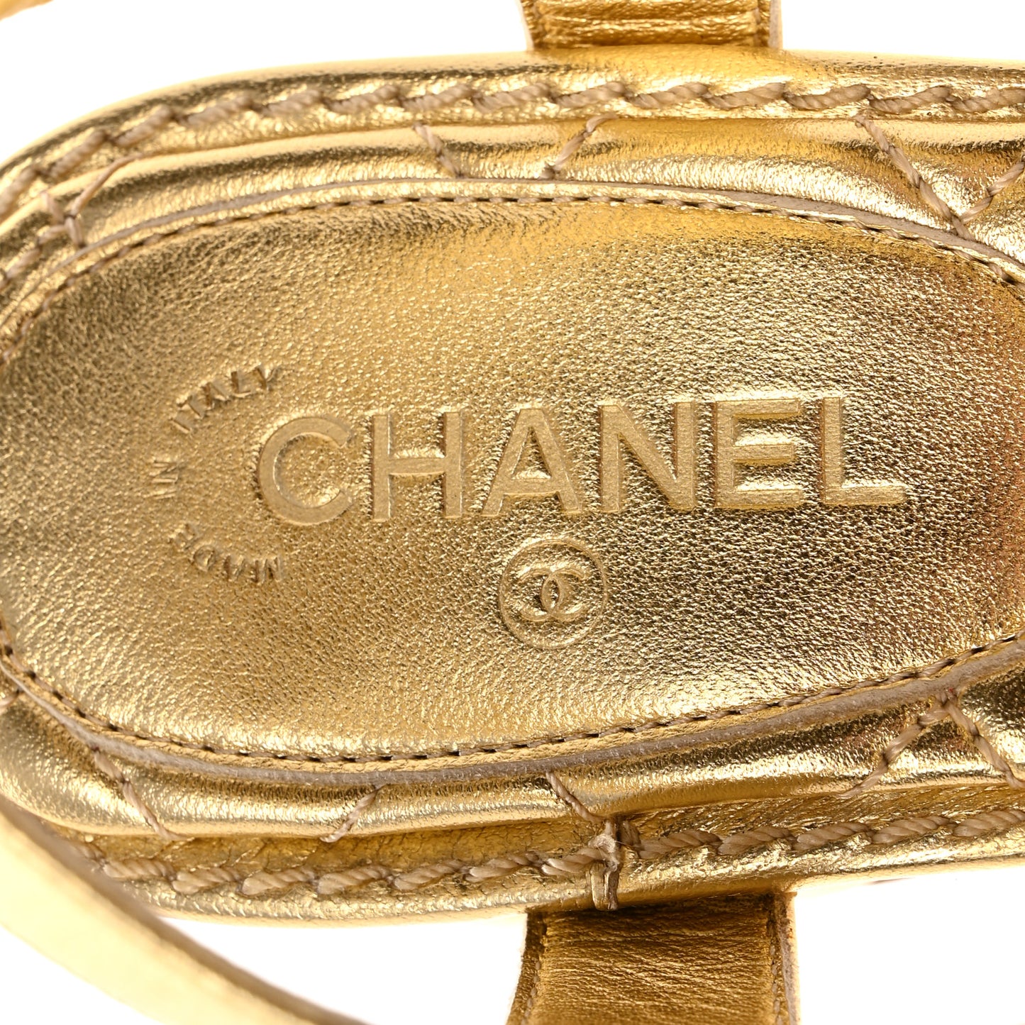 Laminated Lambskin Quilted CC Pearl Thong Sandals 35.5 Gold