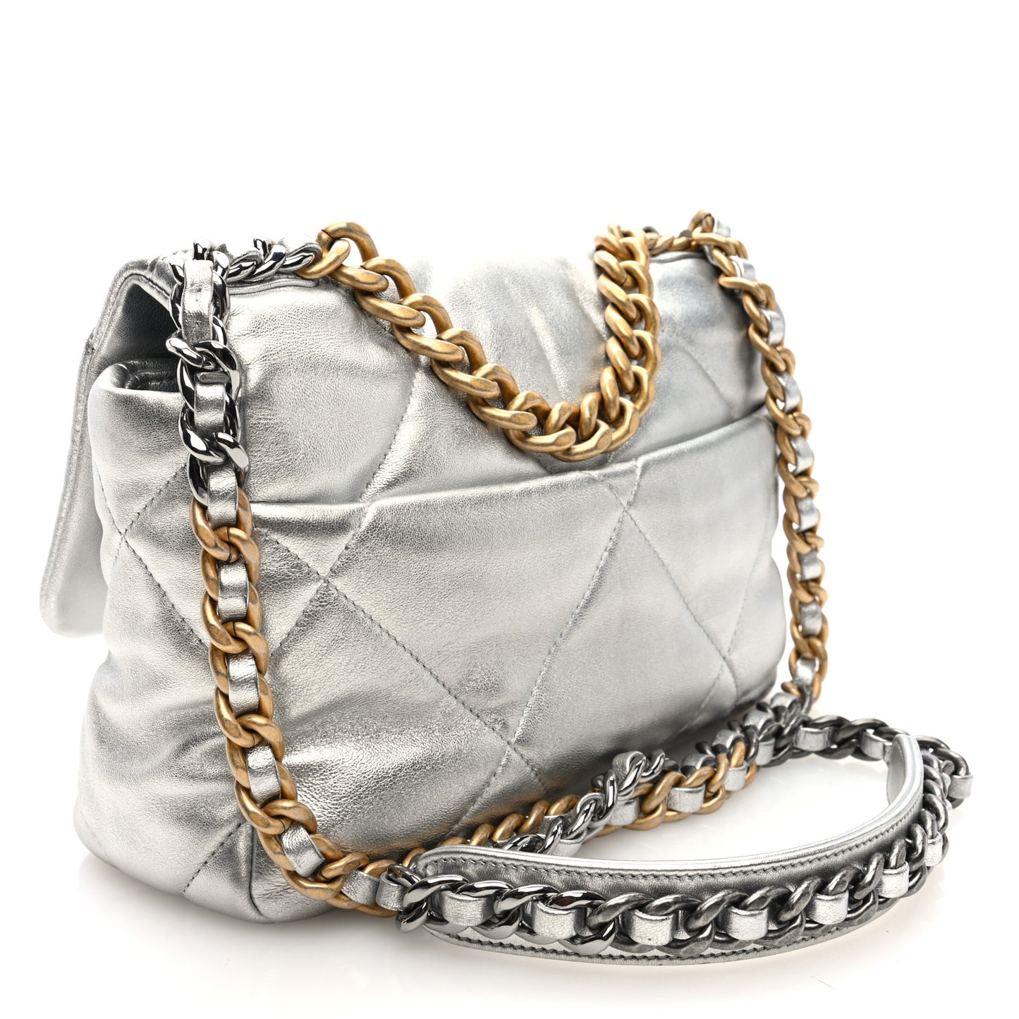 Metallic Lambskin Quilted Medium Chanel 19 Flap Silver