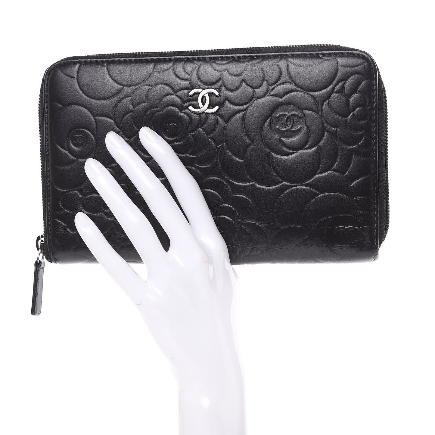 Lambskin Camellia Embossed Zip Around Organizer Wallet Black
