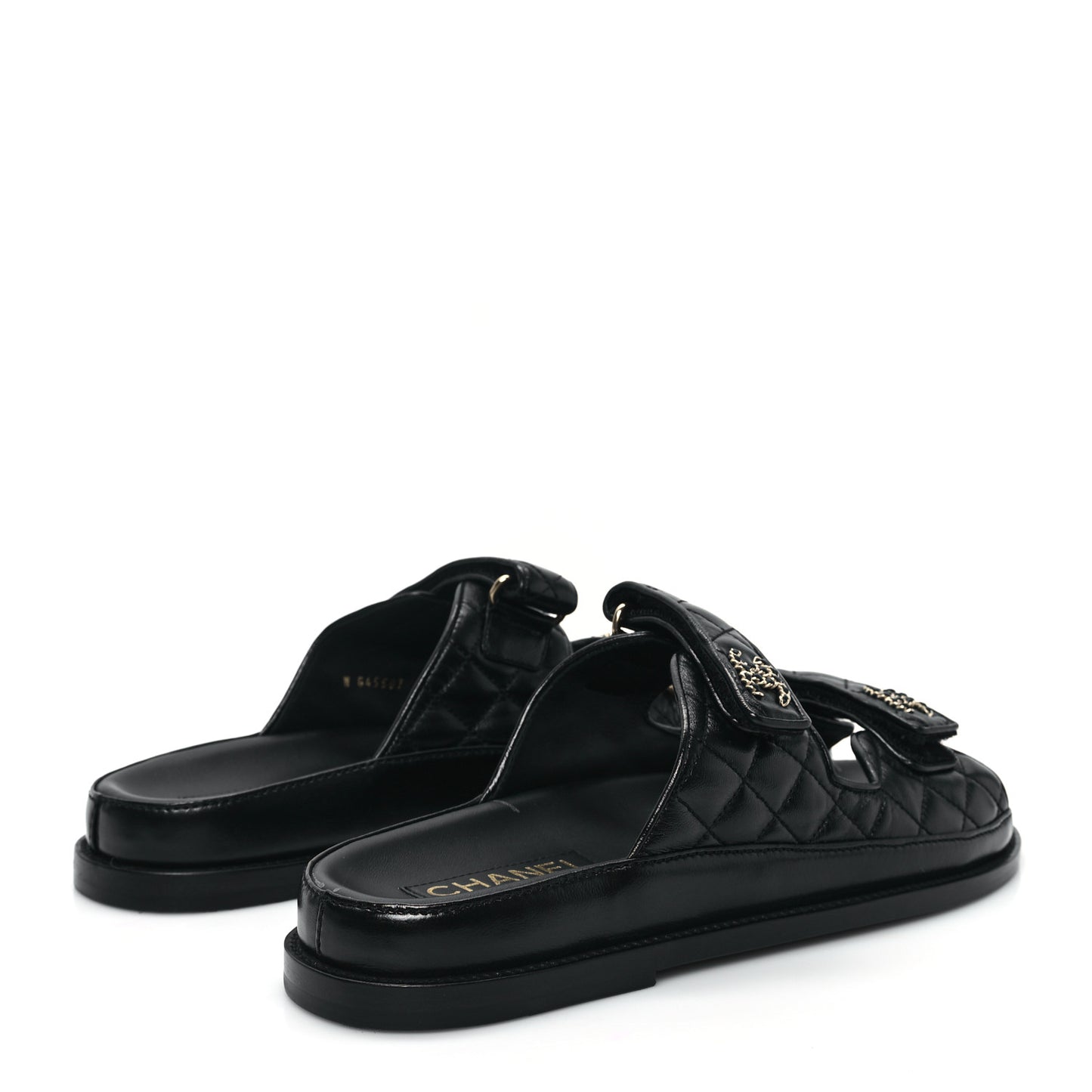 Lambskin Quilted Velcro Dad Chain CC Slide Sandals 41 Black