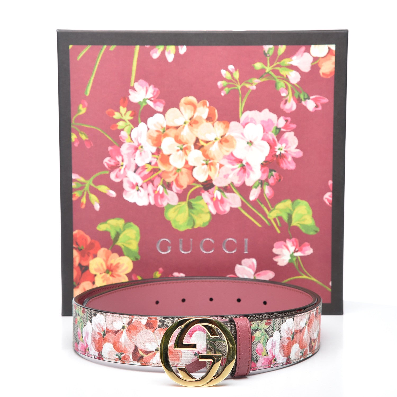 Gucci GG Supreme Monogram Blooms Moon Calfskin Interlocking G 37mm Belt 90 36 Beige Ebony Multicolor Dry Rose 5 of 5