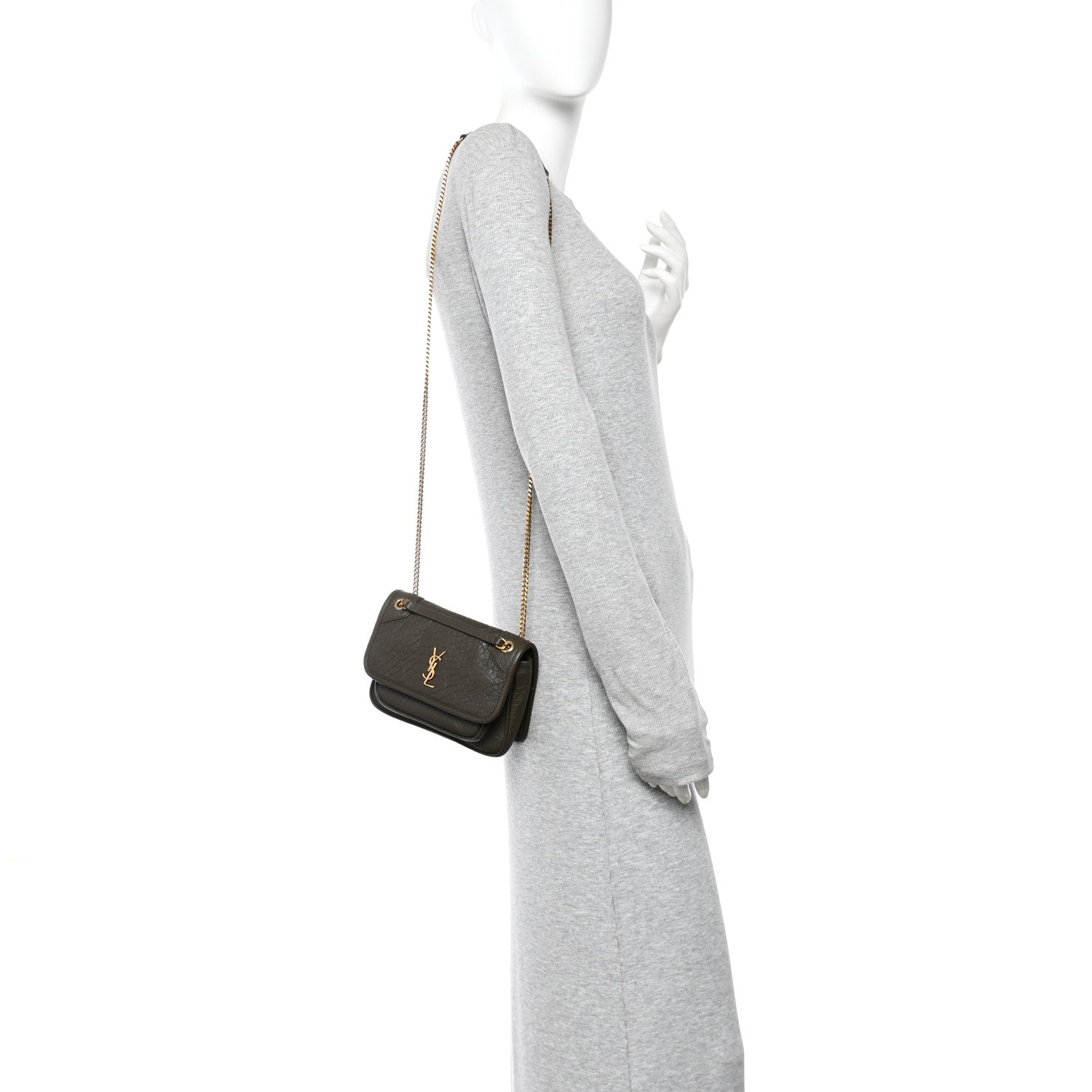 Saint Laurent Grained Lambskin Monogram Mini Niki Chain Satchel Dark Cork 2 of 10