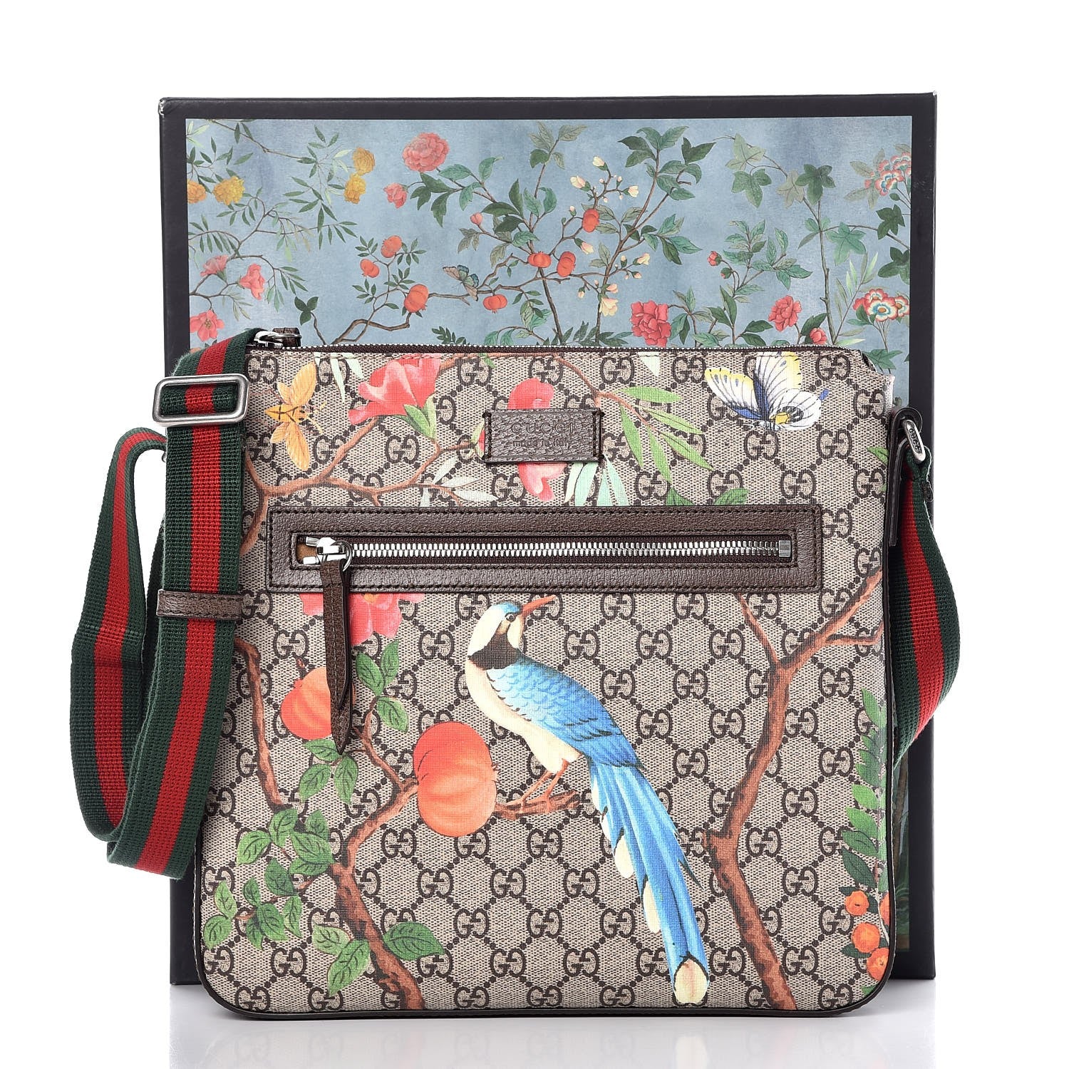 Gucci GG Supreme Monogram Tian Web Medium Flat Messenger Beige Multicolor New Acero 8 of 8