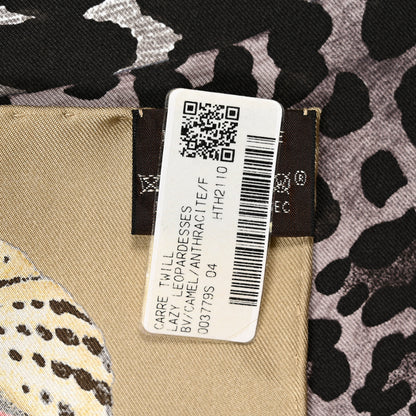 Hermes Silk Twill Lazy Leopardesses Scarf 90 Camel Anthracite 5 of 5