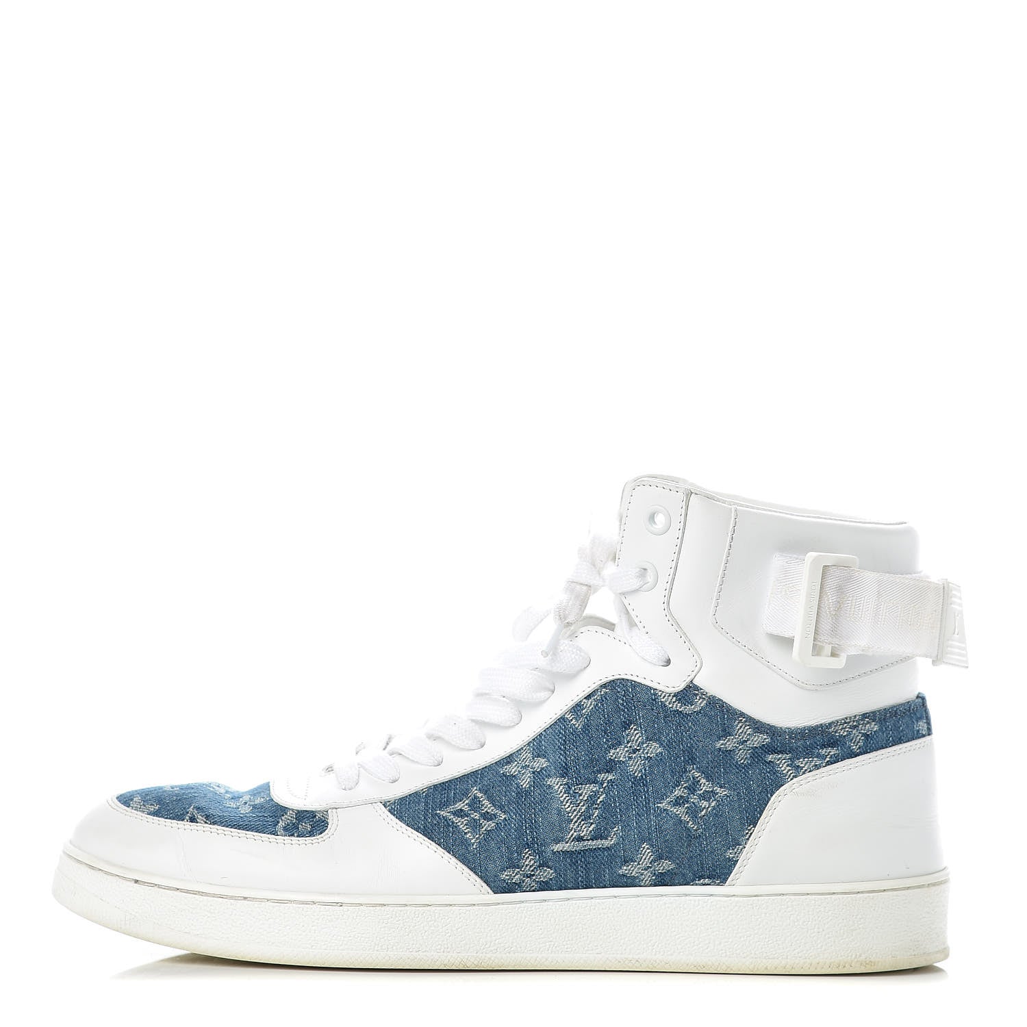 Louis Vuitton Calfskin Monogram Denim Rivoli High Top Sneakers 7.5 White 1 of 16