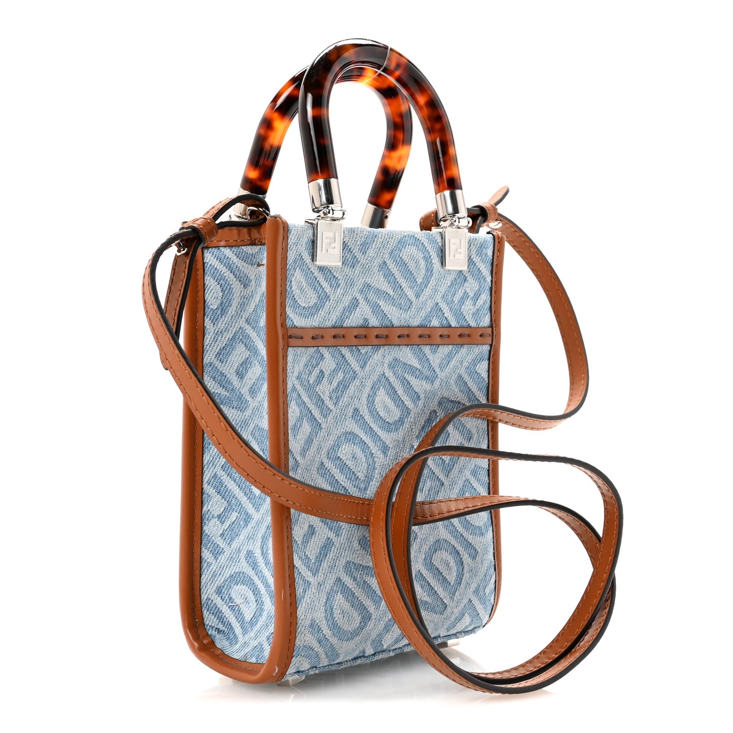 Denim Vitello King FF Embroidered Plexiglass Mini Sunshine Shopper Tote Blue Brown