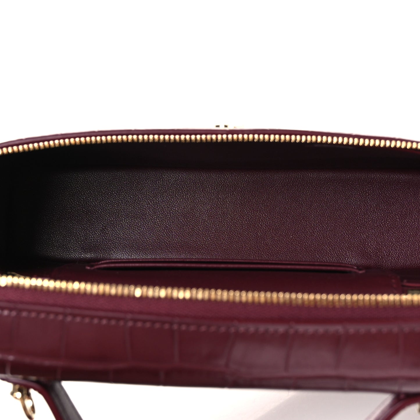 Calfskin Crocodile Embossed Crococo Top Handle Slim Vanity Case With Chain Dark Burgundy