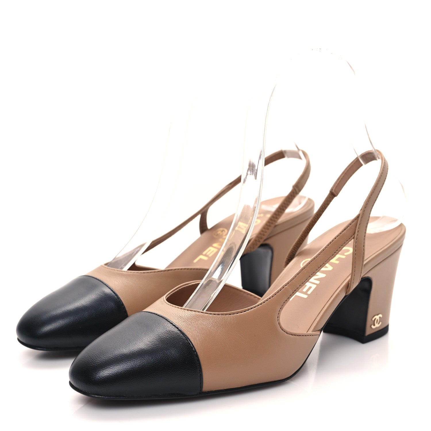 Chanel Lambskin Cap Toe CC Slingback Pumps 36 Dark Beige Black 3 of 10