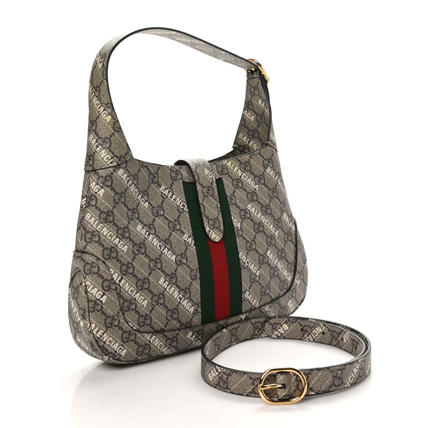 X BALENCIAGA GG Supreme Monogram Striped Logo Print Web Small Jackie 1961 Hobo Beige Ebony Mystic White