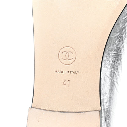 Chanel Laminated Crumpled Lambskin Grosgrain Cap Toe CC Ballerina Flats 41 Silver Black 7 of 11