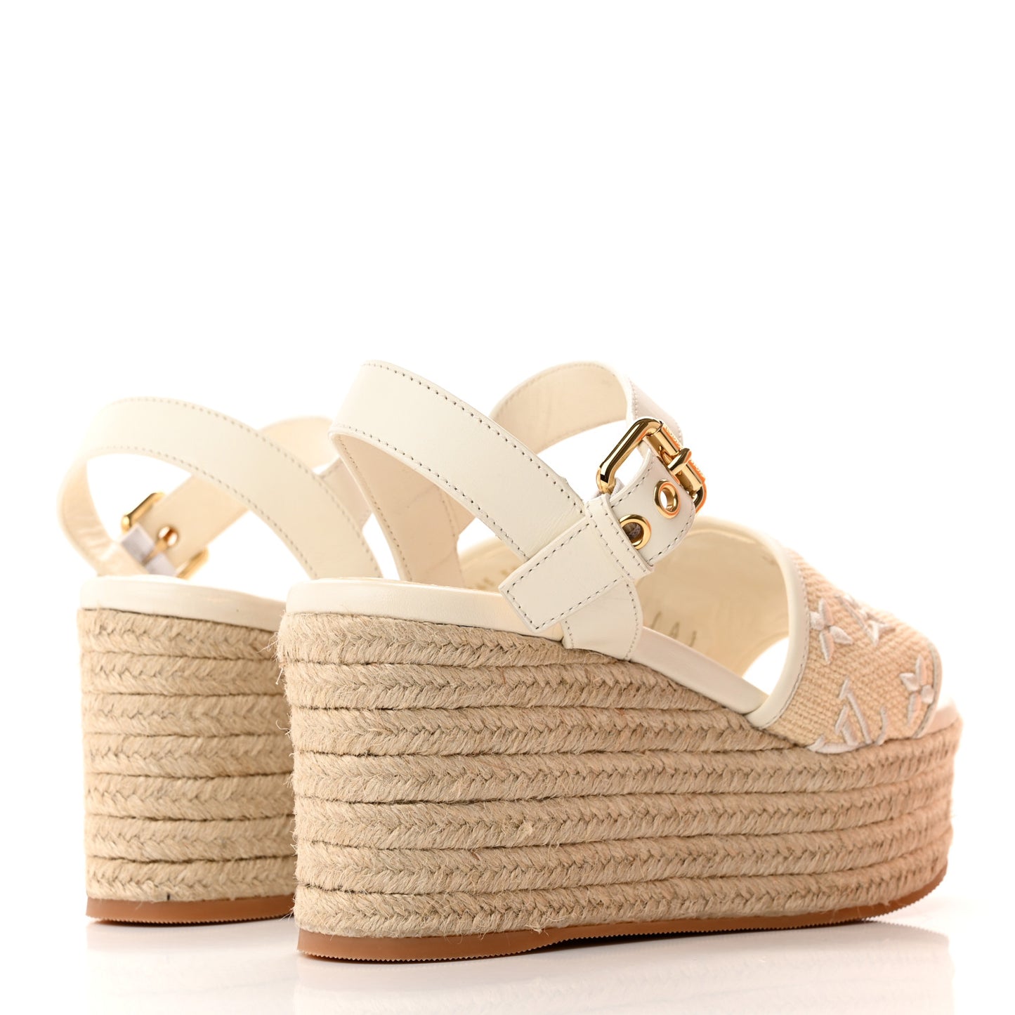 Cotton Monogram Embroidered Starboard Wedge Espadrilles 39 Beige White