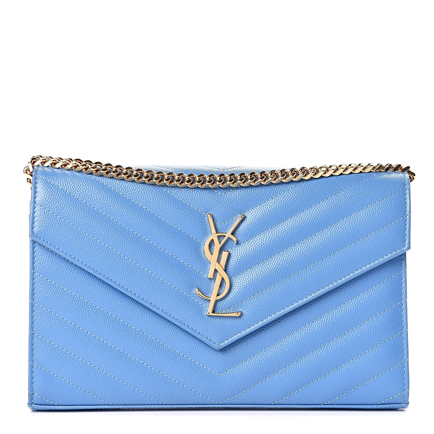 Saint Laurent Grain De Poudre Matelasse Chevron Monogram Chain Wallet Blue Clair 1 of 13