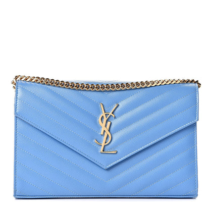 Saint Laurent Grain De Poudre Matelasse Chevron Monogram Chain Wallet Blue Clair 1 of 13