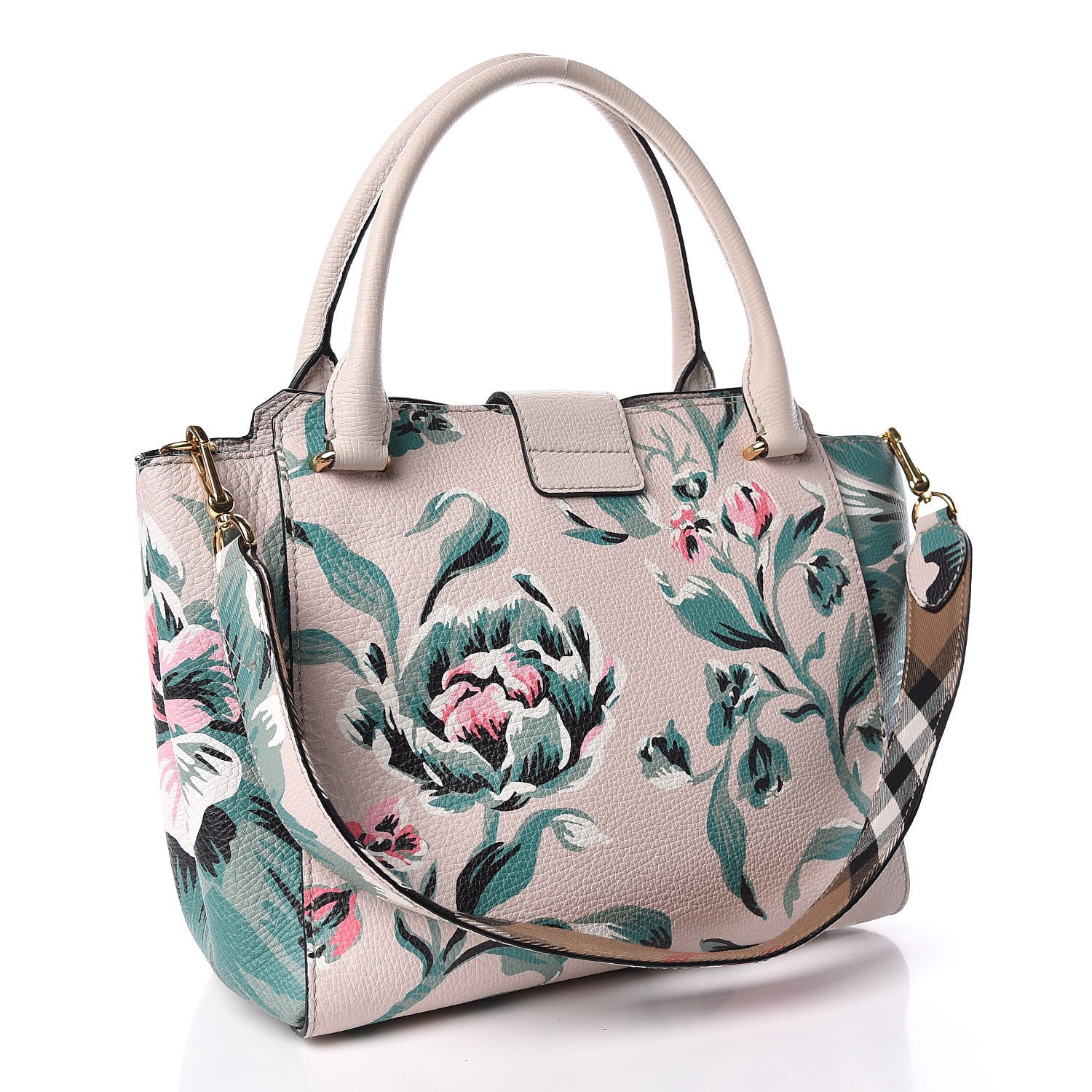 Burberry Soft Grain Calfskin Floral Print Medium Buckle Tote Natural Emerald Green 3 of 11