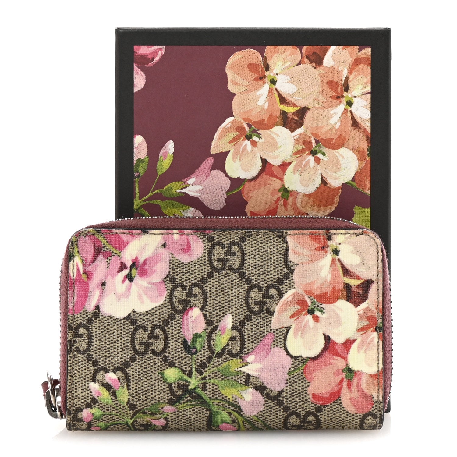 Gucci GG Supreme Monogram Blooms Zip Around Card Case Wallet Beige Multicolor Dry Rose 13 of 14