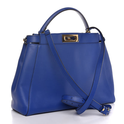 Fendi Vitello Morgan Fabric Jacquard Pequin Medium Peekaboo Iconic Satchel Blue Neon Tobacco 4 of 10