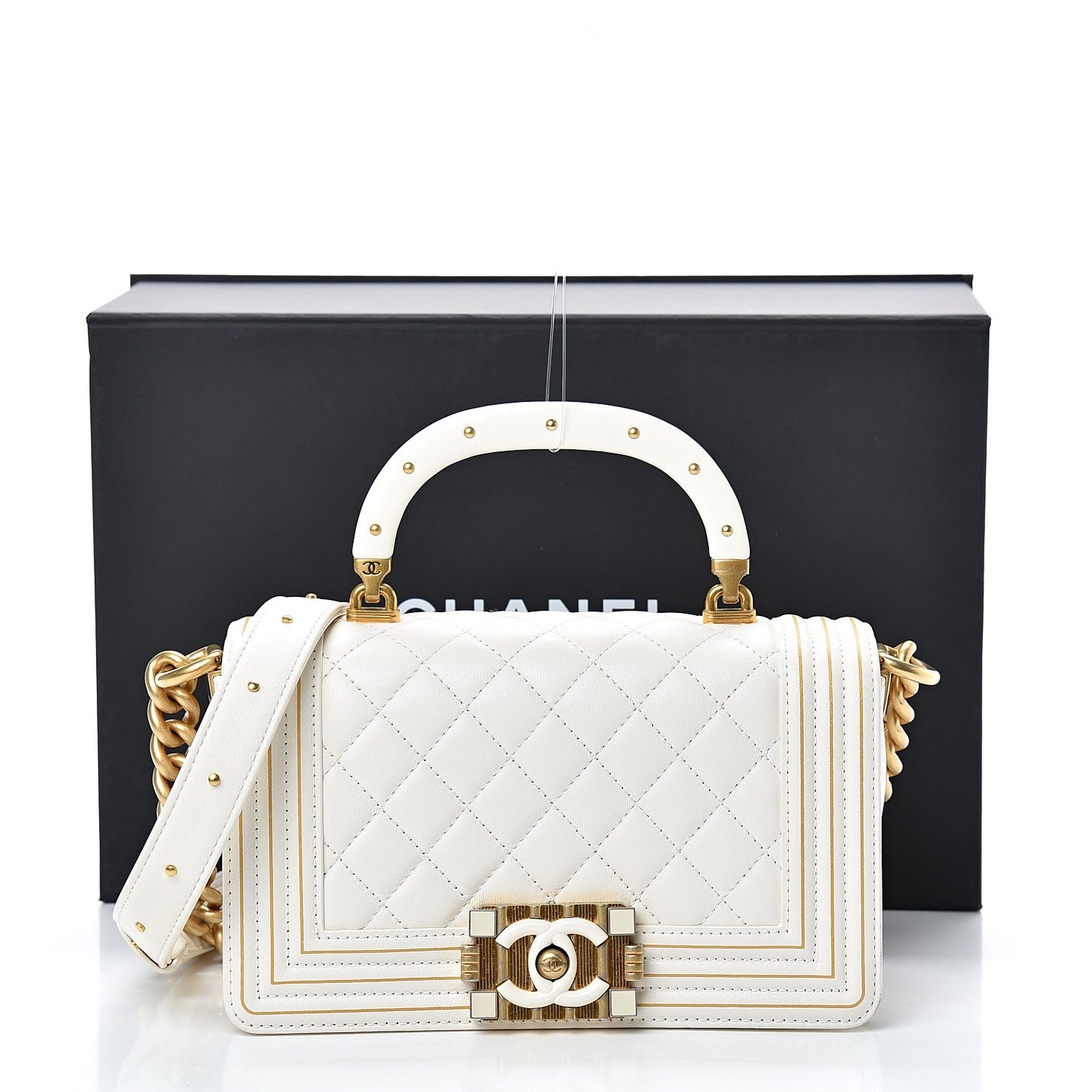 Lambskin Quilted Small Boy Studded Handle Flap White