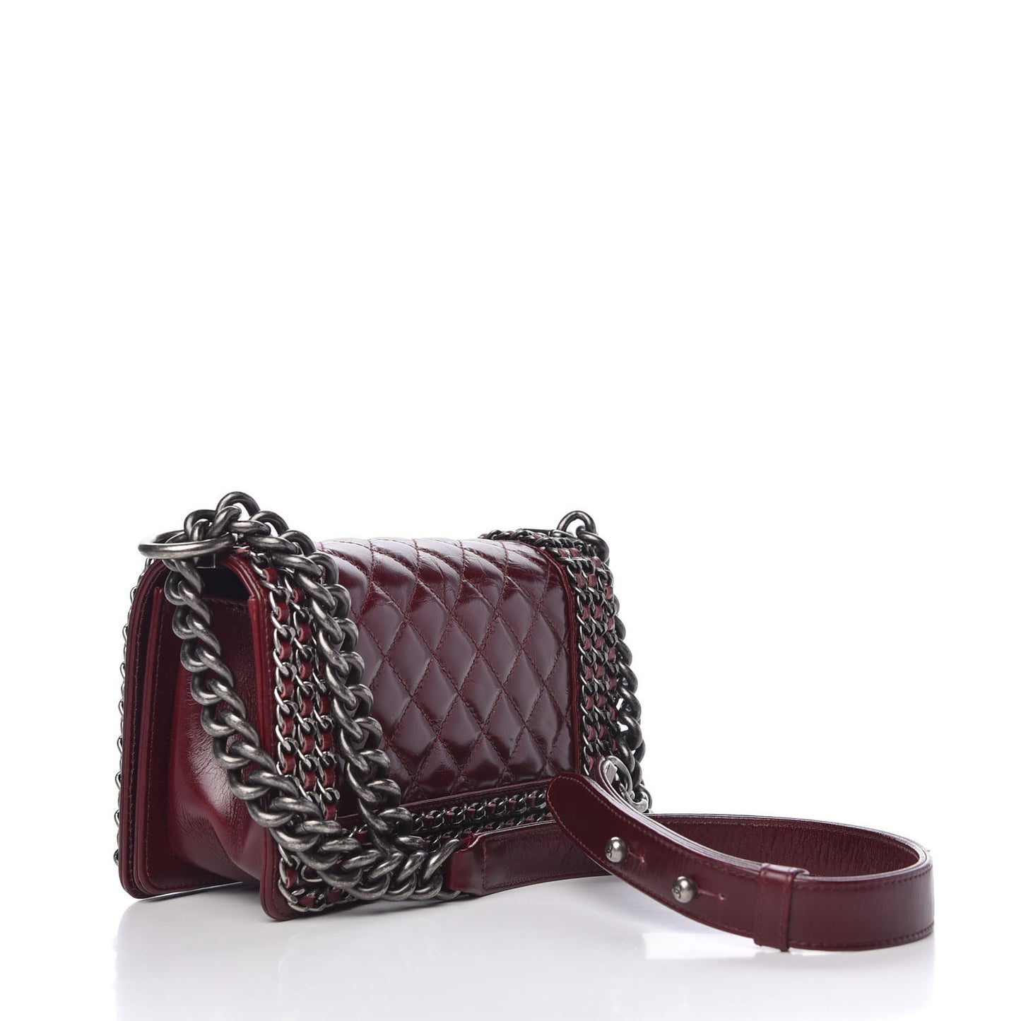 Glazed Calfskin Quilted Small Boy Chained Flap Burgundy