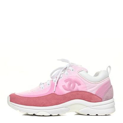 Chanel Nylon Calfskin Suede Womens CC Sneakers 38 Pink 1 of 13