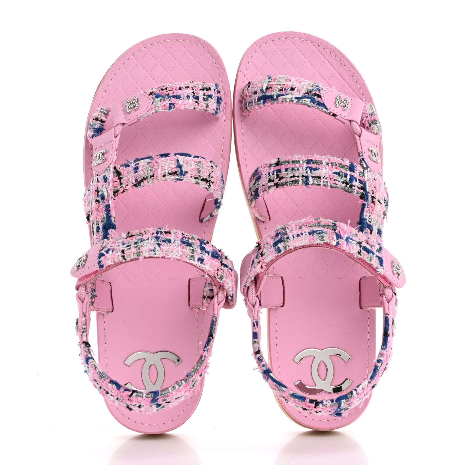 Chanel Tweed Lambskin Crystal CC Sandals 40 Pink Multicolor 2 of 10