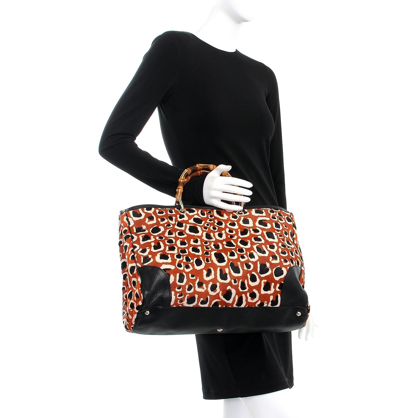 Calf Hair Leopard Print Large Bamboo Shopper Tote Red
