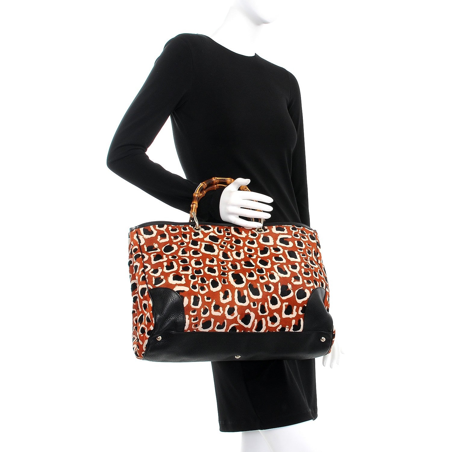 Gucci Calf Hair Leopard Print Large Bamboo Shopper Tote Red 3 of 10