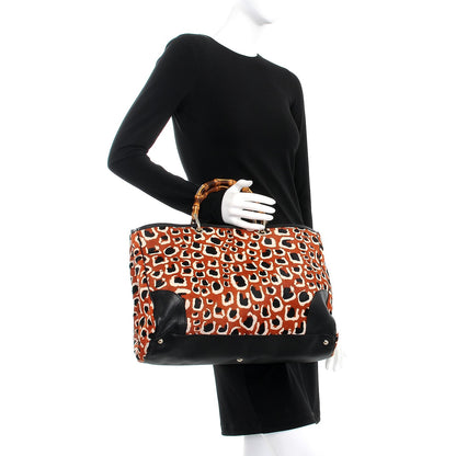 Gucci Calf Hair Leopard Print Large Bamboo Shopper Tote Red 3 of 10
