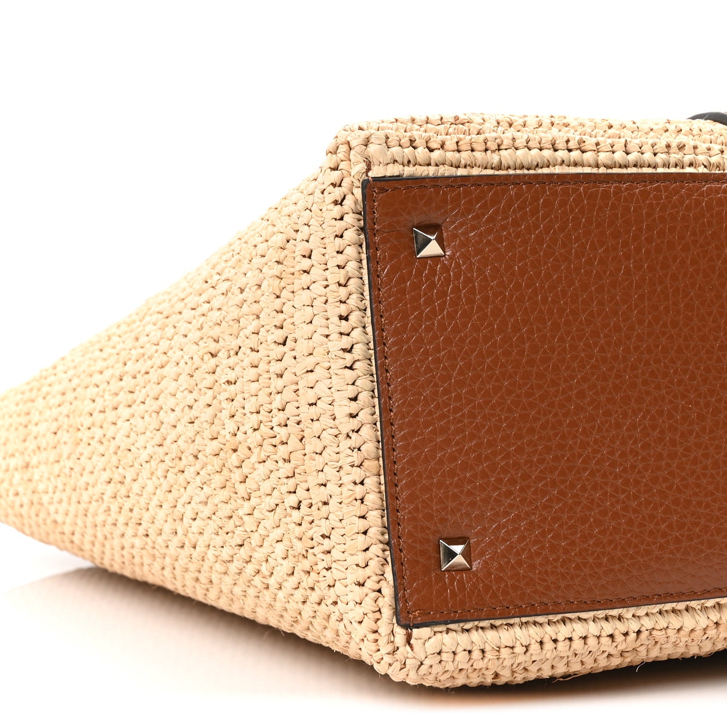 Raffia Calfskin Rockstud Shopping Tote Naturale Saddle Brown
