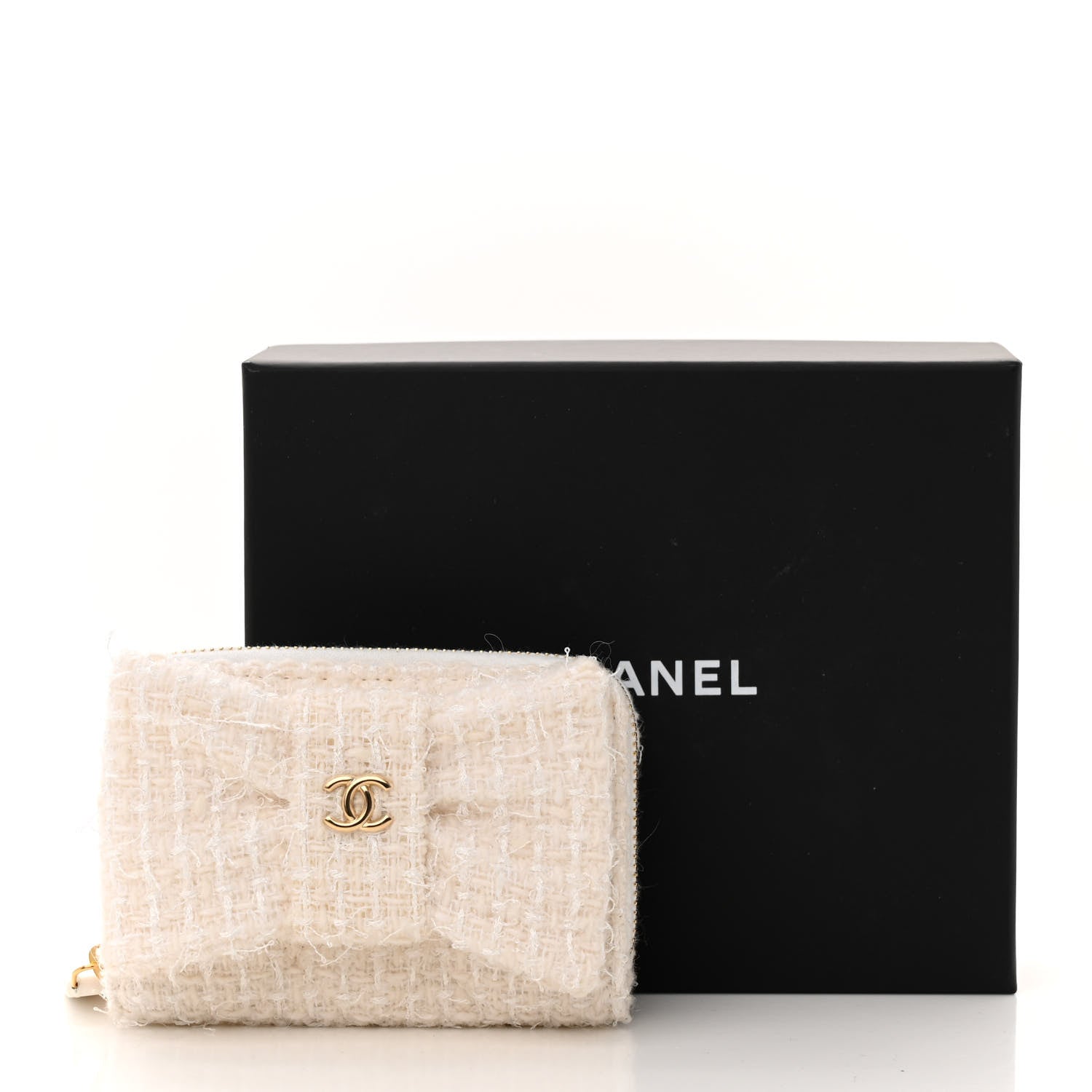 Chanel Tweed Quilted Bow Flap Card Holder On Chain White 12 of 12