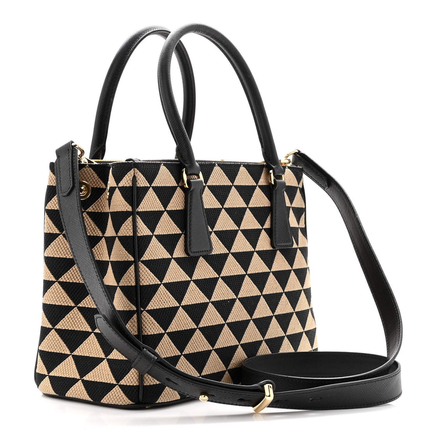 Prada Jacquard Saffiano Triangolo Symbole Embroidered Small Galleria Double Zip Tote Black Corda 2 of 10