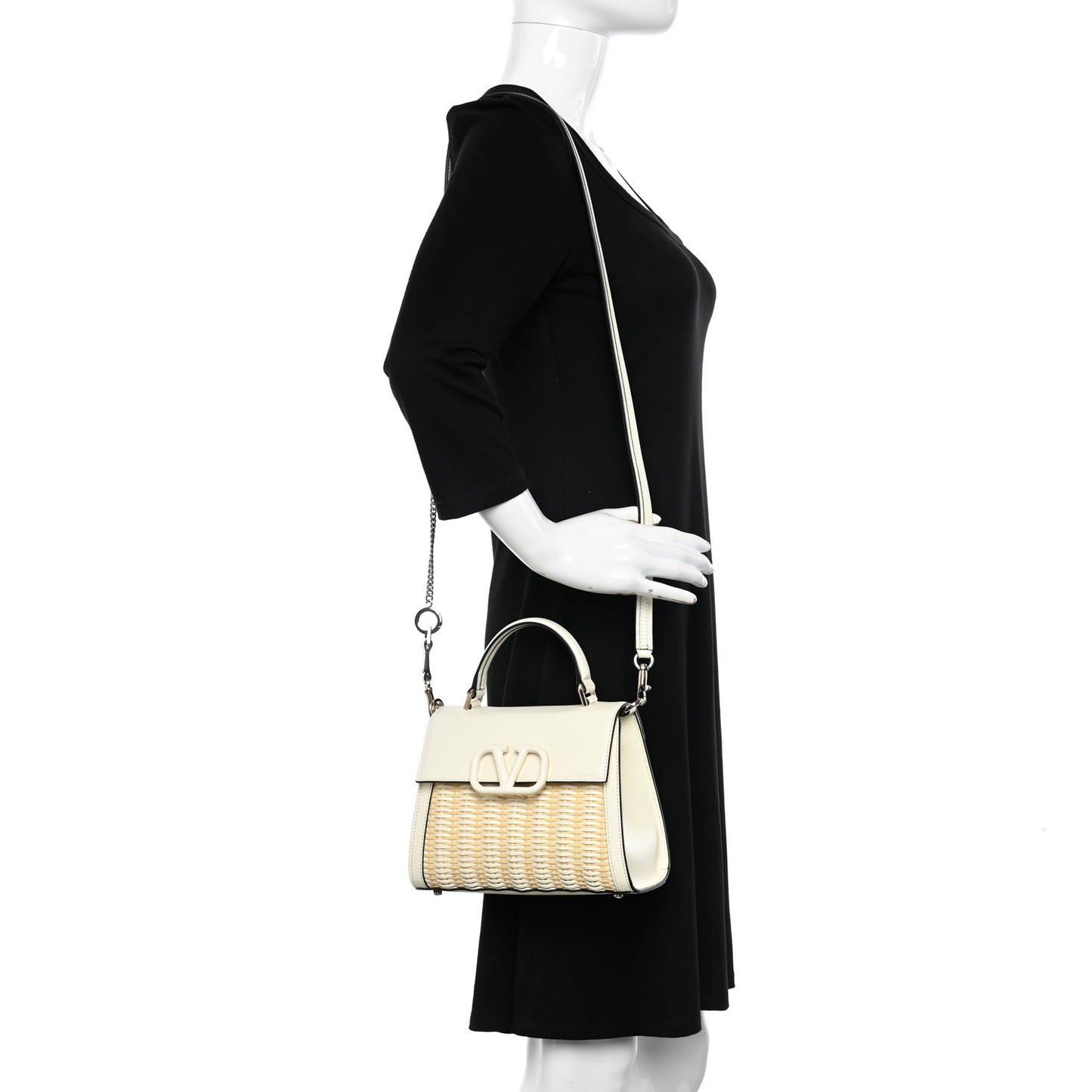 Wicker Calfskin Small VSling Top Handle Bag Natural White