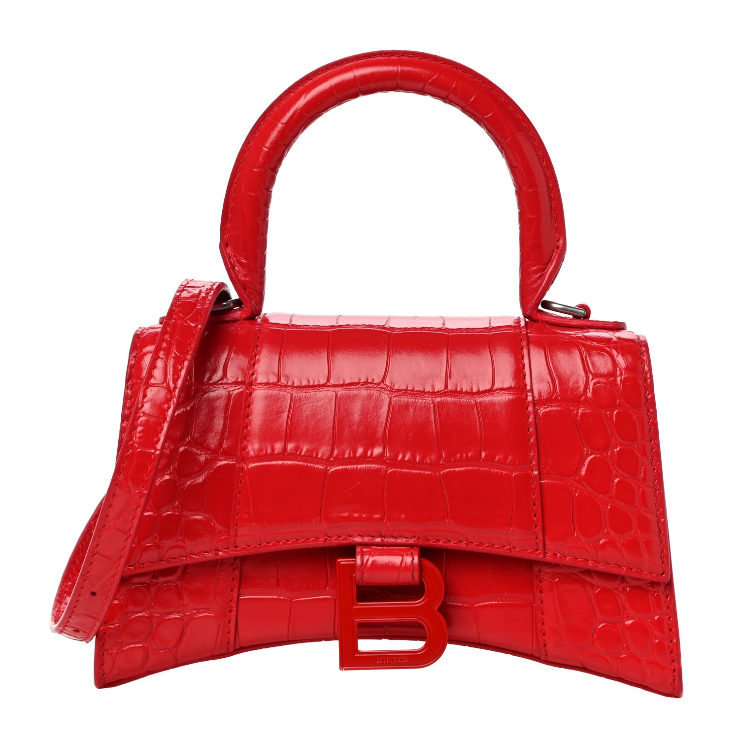 Balenciaga Shiny Calfskin Tonal B Crocodile Embossed Hourglass Top Handle Bag XS Bright Red 1 of 10