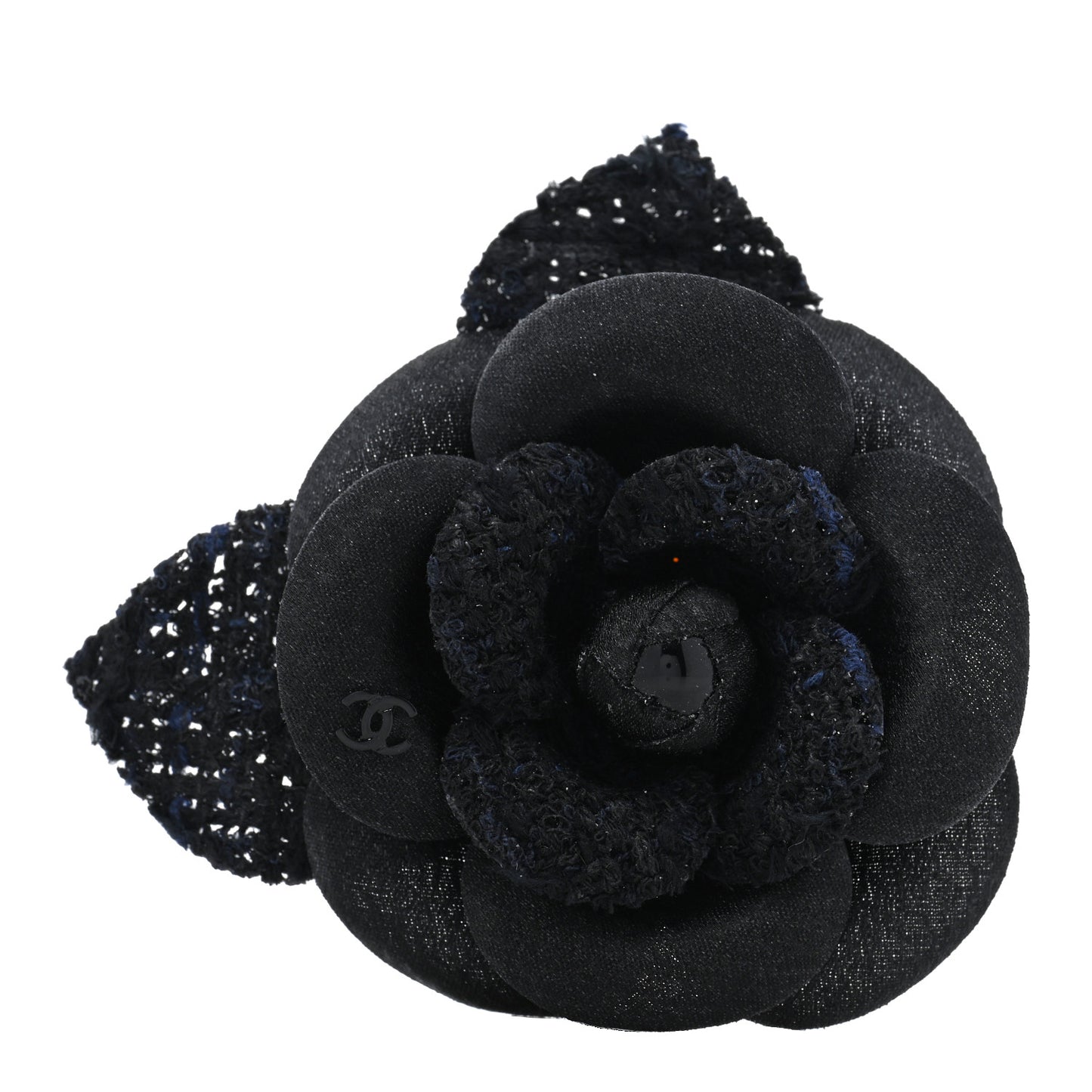 Tweed Fabric Camellia Pin Brooch Navy Blue Black