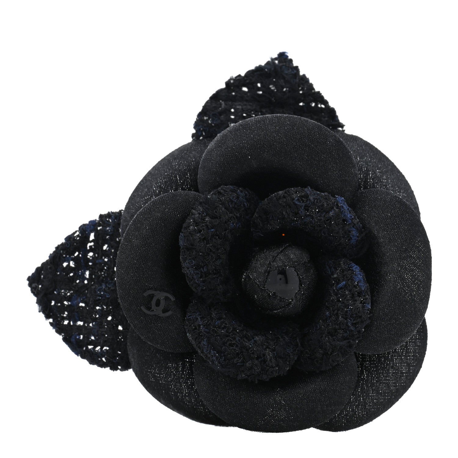 Chanel Tweed Fabric Camellia Pin Brooch Navy Blue Black 1 of 3